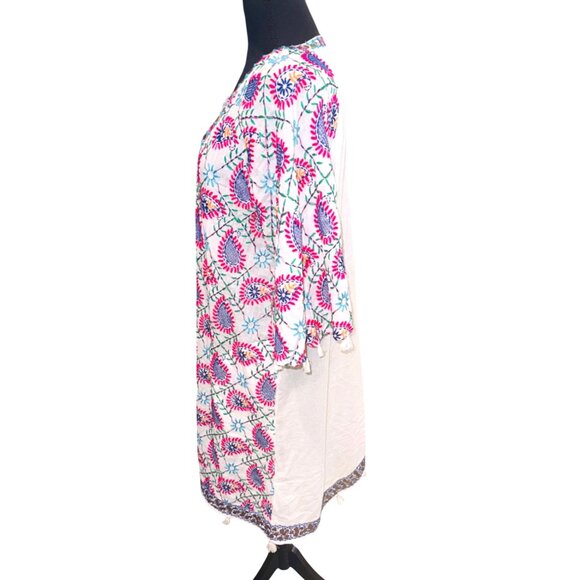 Lula Soul White Multicolor Embroidered Cottton Boho Peasent Dress Sequin Tassel - Picture 5 of 12